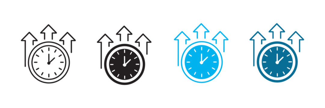 Alarm clock icon set, upward arrows productivity increase symbols, time management efficiency and fast service growth, business scheduling vector illustration pack
