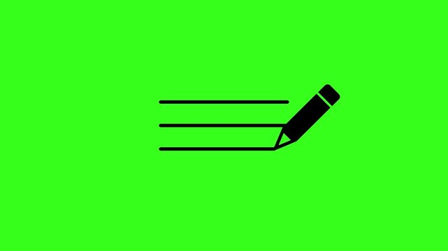 2D flat pen stroke icon revealing horizontal text lines for note taking on green screen background