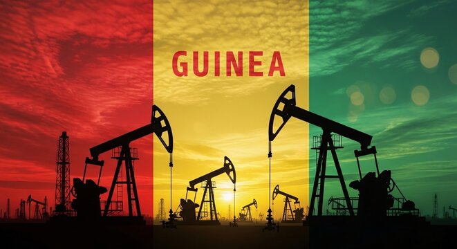 Oil pumps in guinea with sunset background and flag colors, industrial landscape