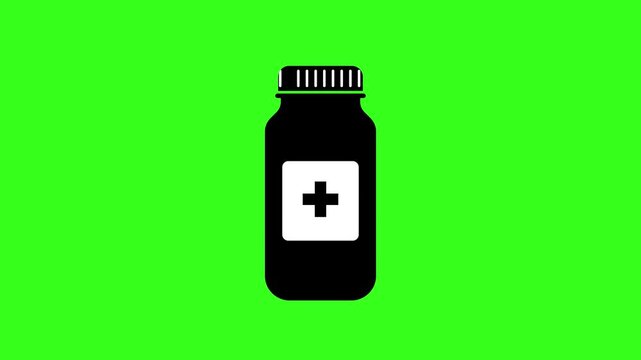 2D flat animation of a medicine container opening and closing its cap on a green screen