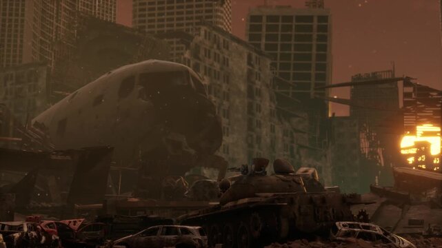 Lone soldier walks through the rubble of a ruined apocalyptic city with glowing red sky and destroyed skyscrapers.