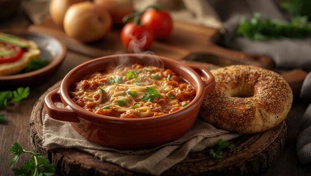 Cheesy menemen and Turkish bagel paired with fresh breakfast garnishes on rustic table