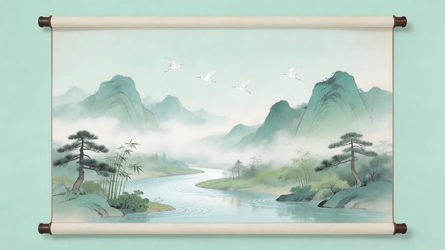 Traditional Asian scroll painting landscape