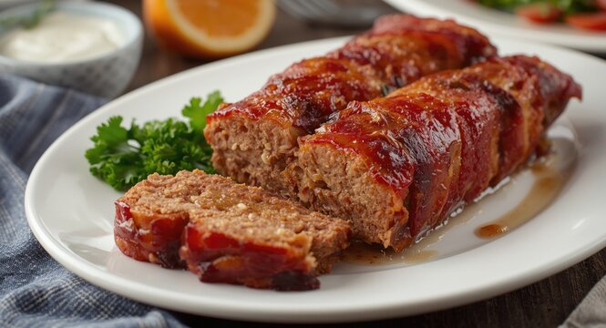 Bacon wrapped meatloaf served on a white plate with copy space for text