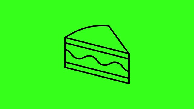 Line art animation of a cake slice icon being drawn on a green screen background