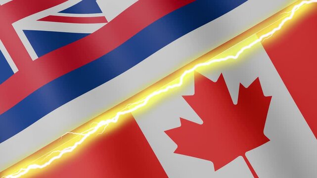 Two waving flags USA State of Hawaii and Canada with diagonal lightning seamless, 4k loop