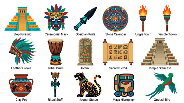 Ancient Mesoamerican Maya Aztec Civilization Flat Vector Icons Collection of Cultural Artifacts and Symbols