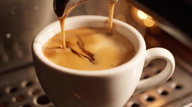 Espresso coffee pours white ceramic cup in cafe