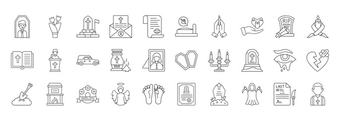 Fototapeta premium Funeral Icon set Collection in Line Style. death, tribute, memorial, condolences, legacy, goodbye, prayer