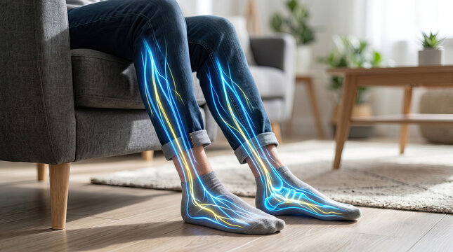 Visual depiction nerve pain tired legs neuropathy movement concept. Innovative portrayal of healthy legs with glowing nerves.