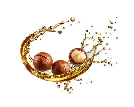 Macadamia nuts in curved oily splashes close-up isolated on a transparent background. Generative AI