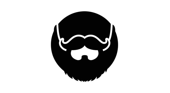 Beard emblem features a stylized mustache and facial hair design in a circular black silhouette, perfect for grooming industry branding, barbershop signage, and modern masculine lifestyle themes.