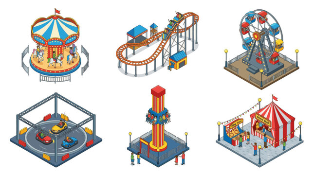 Amusement Park Attractions and Carnival Rides Isometric Vector Illustration Set