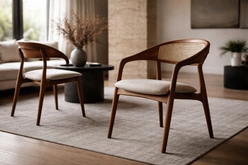Fototapeta premium Contemporary wood crafted chairs blending style and modern interior decor