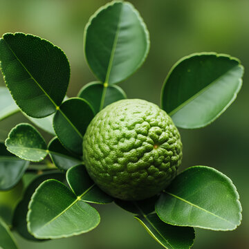 Closeup of a vibrant green kaffir lime fruit and leaves.