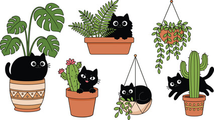 Cute cartoon black cat characters hiding among potted houseplants setCute cartoon black cat characters hiding among potted houseplants set © Akramul