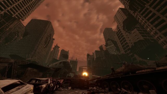 Soldier stands still in an apocalyptic wasteland of burnt cars and crumbling towers beneath a red dystopian sky.