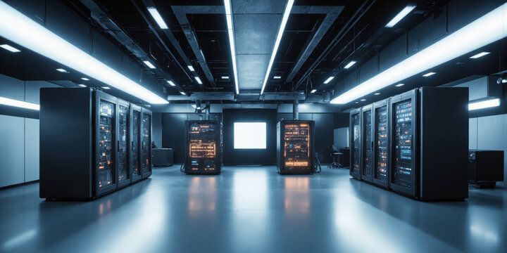 Telecommunications Equipment Room A secure telecommunications room with rows of high-tech networking equipment and server racks. The walls are lined