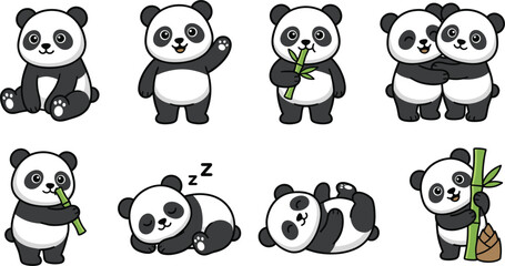Cute cartoon panda characters eating bamboo in active posesCute cartoon panda characters eating bamboo in active poses © Akramul