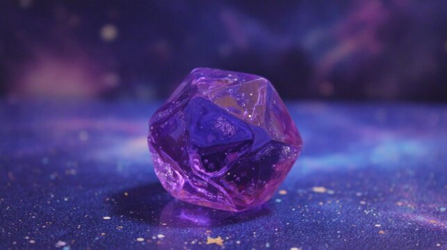 A small, faceted, holographic crystal emitter glows with purple and pink hues, set against a starry, cosmic background.