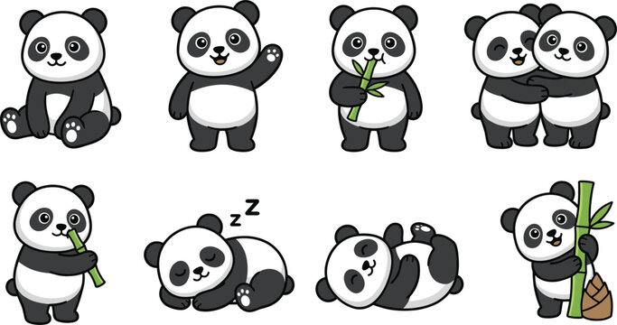 Cute cartoon panda characters eating bamboo in active posesCute cartoon panda characters eating bamboo in active poses