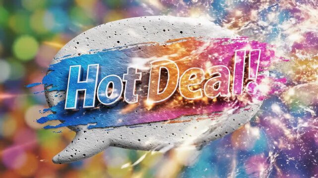Experience the vibrant burst of excitement and energetic celebration as a striking 'Hot Deal!' message emerges from a dynamic, textured speech bubble amidst a dazzling explosion of colorful