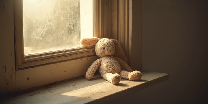 Aged stuffed bunny resting on a dusty sill capturing the essence of childhood memories