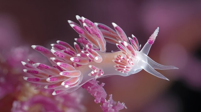 Vibrant Pink and White Nudibranch Sea Slug Displays Intricate Cerata in Shallow Ocean Waters