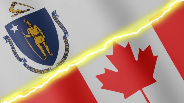 Two waving flags USA State of Massachusetts and Canada with diagonal lightning seamless, 4k loop