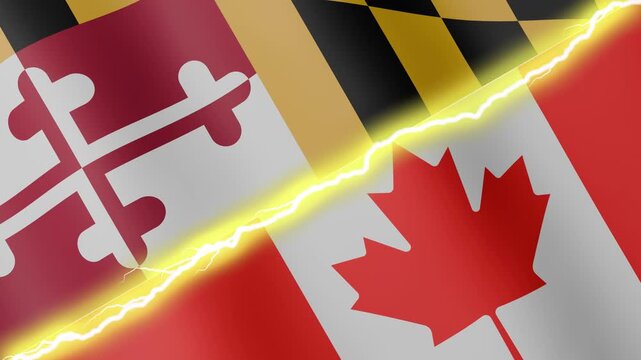 Two waving flags USA State of Maryland and Canada with diagonal lightning seamless, 4k loop