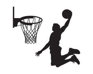 Basketball player slam dunk silhouette vector, male athlete scoring ball in hoop, dynamic motion sports action, transparent background illustration © Alamin by vision 2