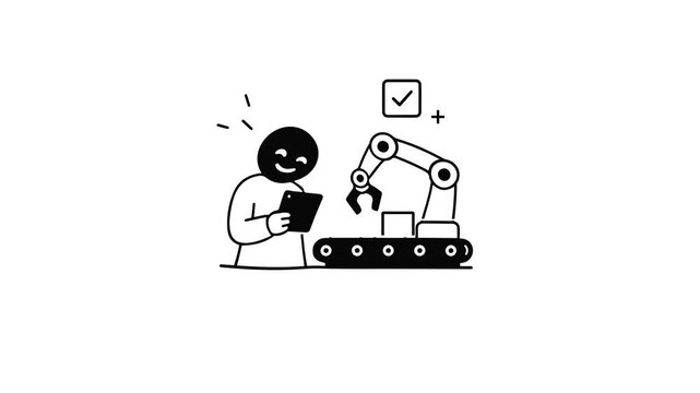 Animated character using tablet to control automatic robotic arm on conveyor belt. Simple line art motion graphic for factory automation, smart manufacturing, and industry technology concept.