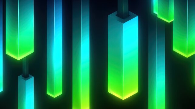 Illuminated vertical rectangular prisms glow with vibrant cyan and lime green light against a dark background.