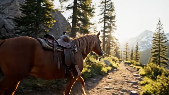 Brown horse with saddle on a trail in forest