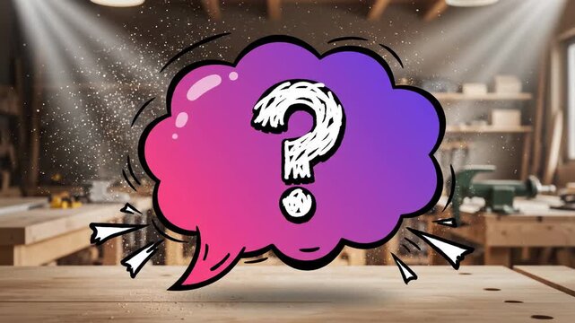 A vibrant, hand-drawn thought bubble with a bold question mark inside floats dynamically in a creative workshop setting casting atmospheric light and particle effects, representing inquiry