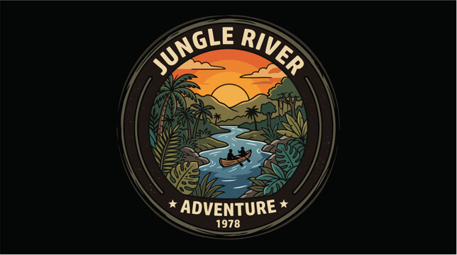 Jungle River Adventure Retro Badge Vector Illustration with Man in Canoe Boat Navigating Tropical Rainforest Sunset