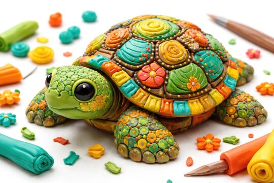 Detailed plasticine turtle art piece shown on white background
