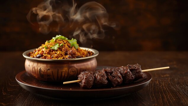 Aromatic spicy beef biryani and grilled kabab with copy space for website banner