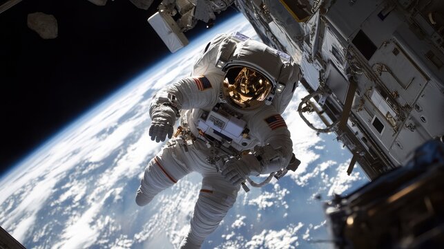 Astronaut conducting experiment in zero gravity near space station and Earth
