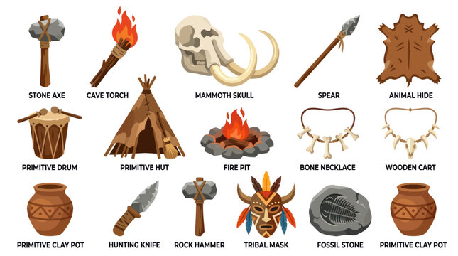Prehistoric Primitive Stone Age Life Flat Vector Illustration Set of Ancient Tools, Artifacts  Symbols