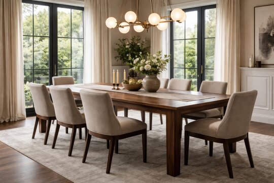 Refined dining space with rectangular hardwood table and chairs