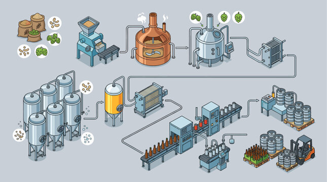 Beer Brewery Production Process Isometric Vector Illustration