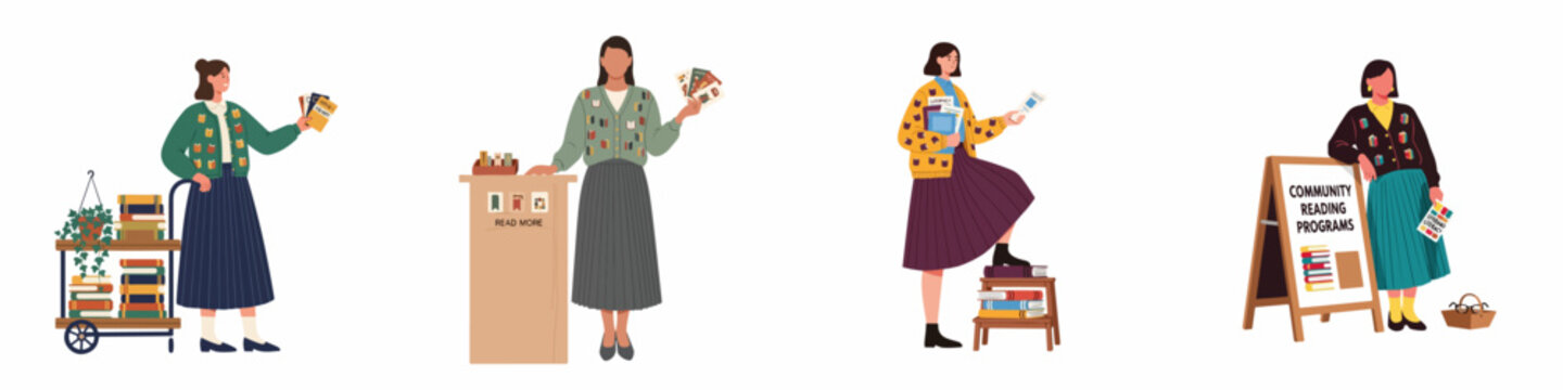 Flat illustration set of diverse librarians and community reading program coordinators promoting literacy and book culture on a white background.