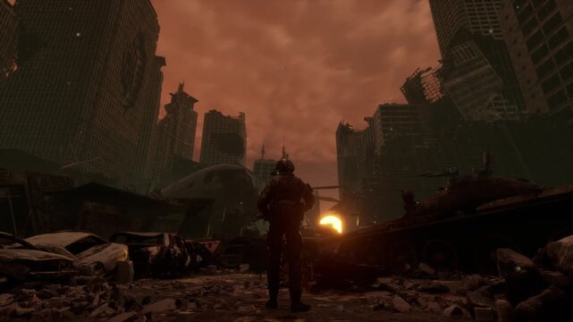 Empty post-apocalyptic street with a small glowing torch light and destroyed skyscrapers under a dark red sky.
