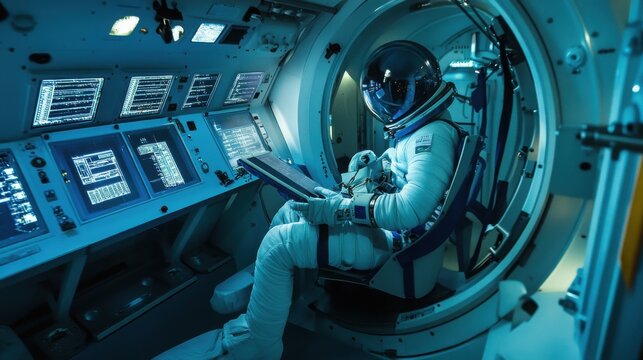 Astronaut training in simulation chamber, space suit, control panel