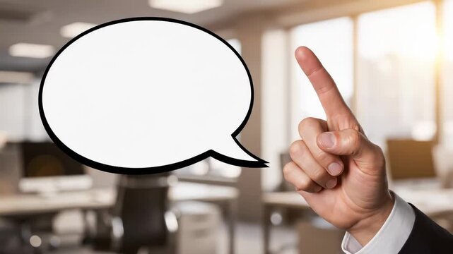 A hand in a dark suit makes a pointed gesture towards an empty speech bubble, suggesting an important announcement or communication point within a professional office environment during daylight