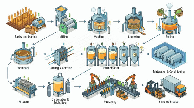 Beer Brewery Production Process Isometric Vector Illustration