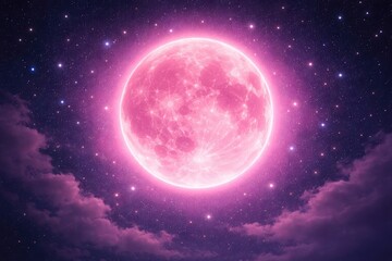 Obraz premium Full super moon in vivid pink color with sparkling stars and a gentle pink halo during night