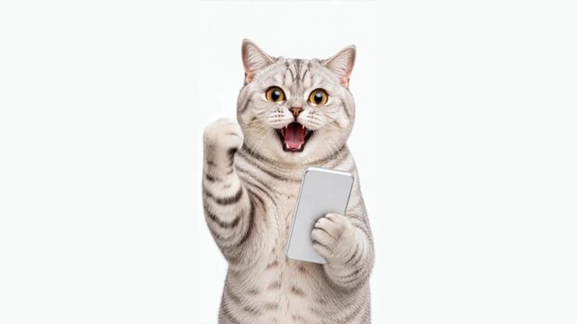 Success reaction British shorthair cat holding smartphone, horizontal video with copy space
