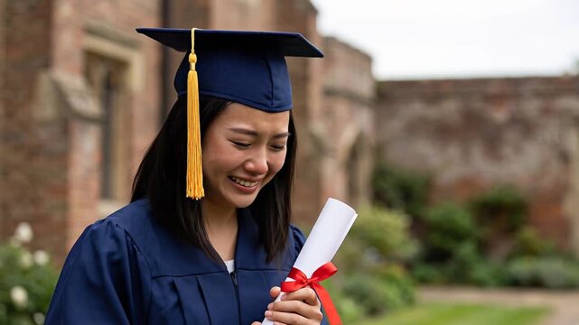 Emotional Asian woman graduate crying with joy during commencement ceremony. Student holding diploma parchment with ribbon celebrating academic success and achievement.